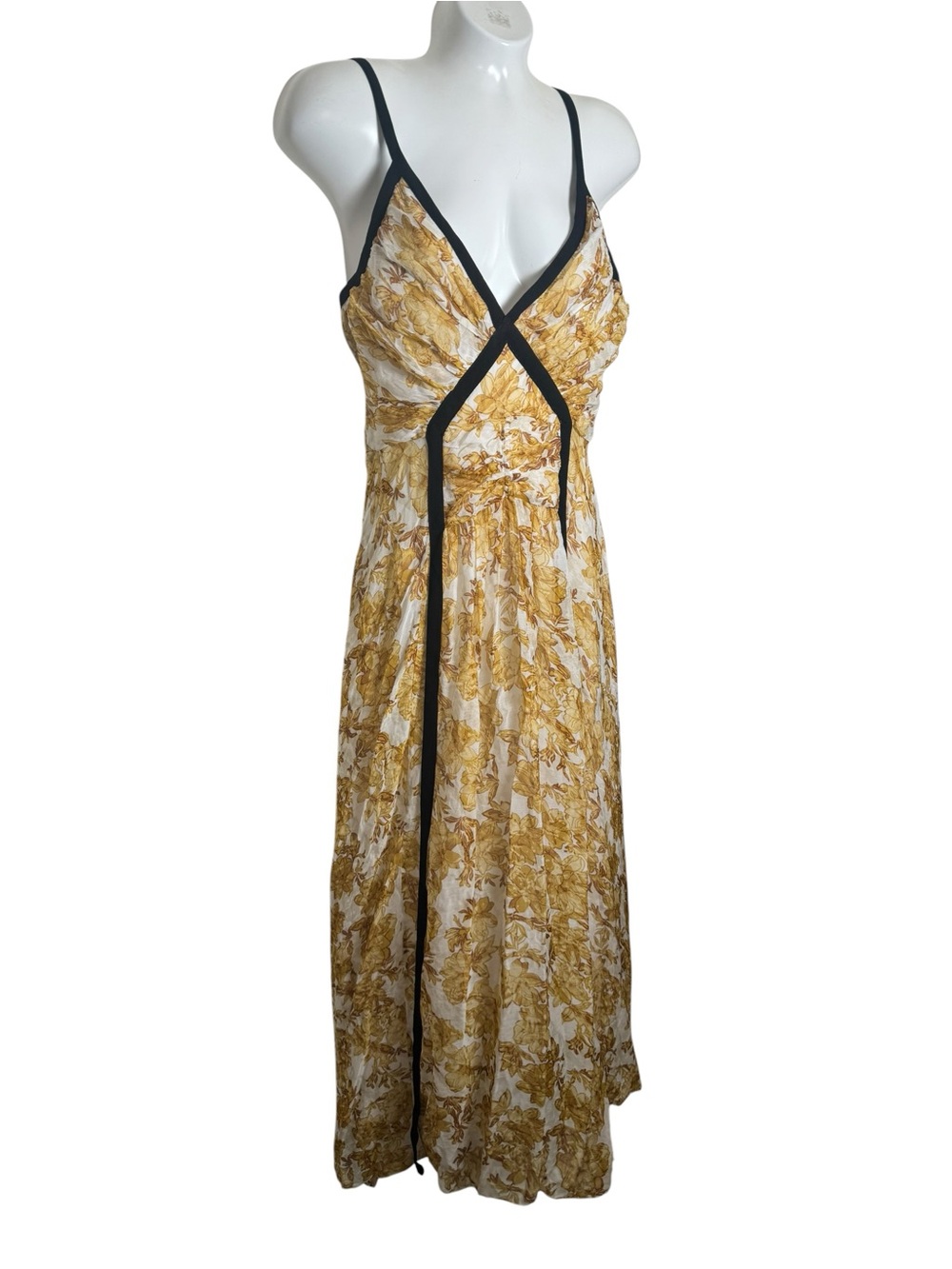 New Zara Printed Ecru Yellow Black Trim Dress - Picture 3 of 13